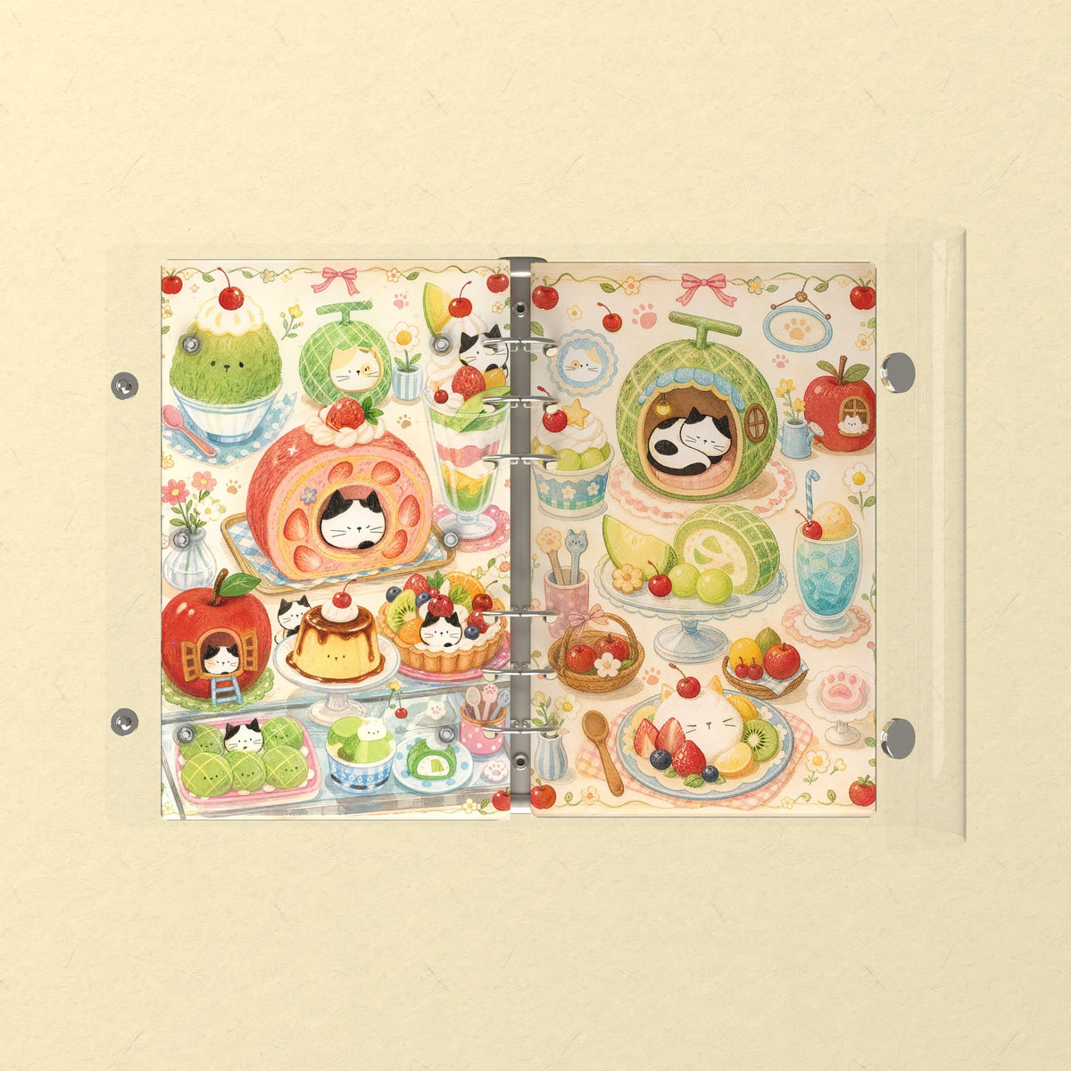 Opened flat: the inside of the front and back covers