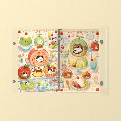 Opened flat: the inside of the front and back covers