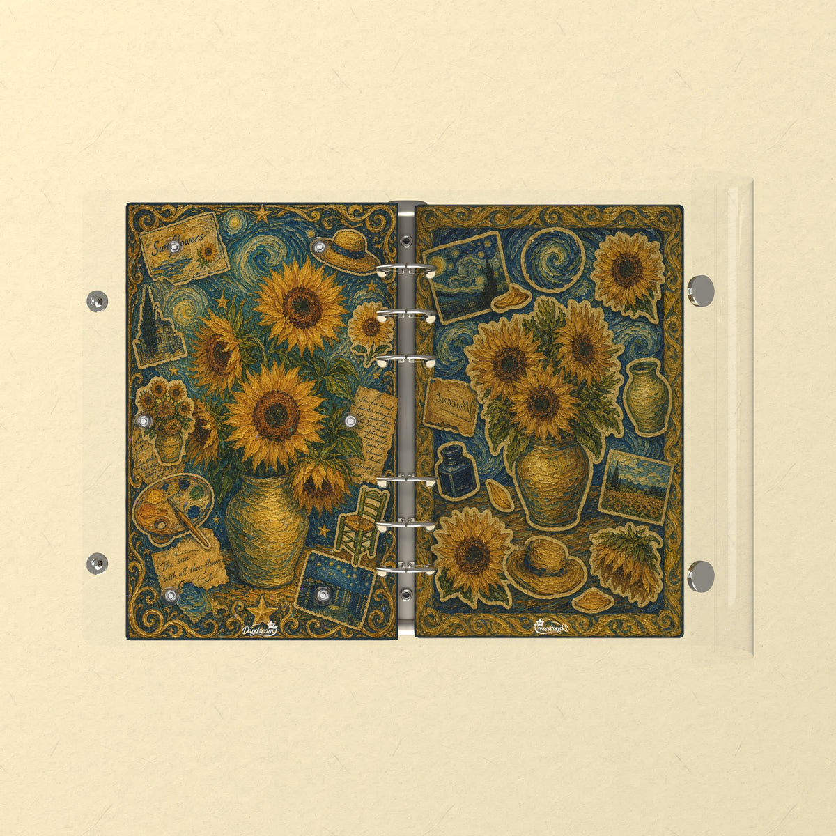 Opened flat: the inside of the front and back covers