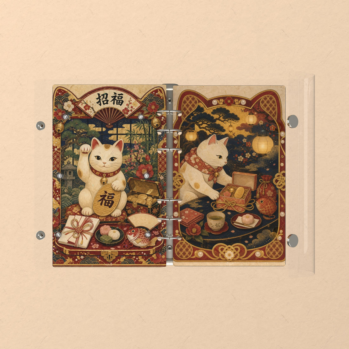 Opened flat: the inside of the front and back covers