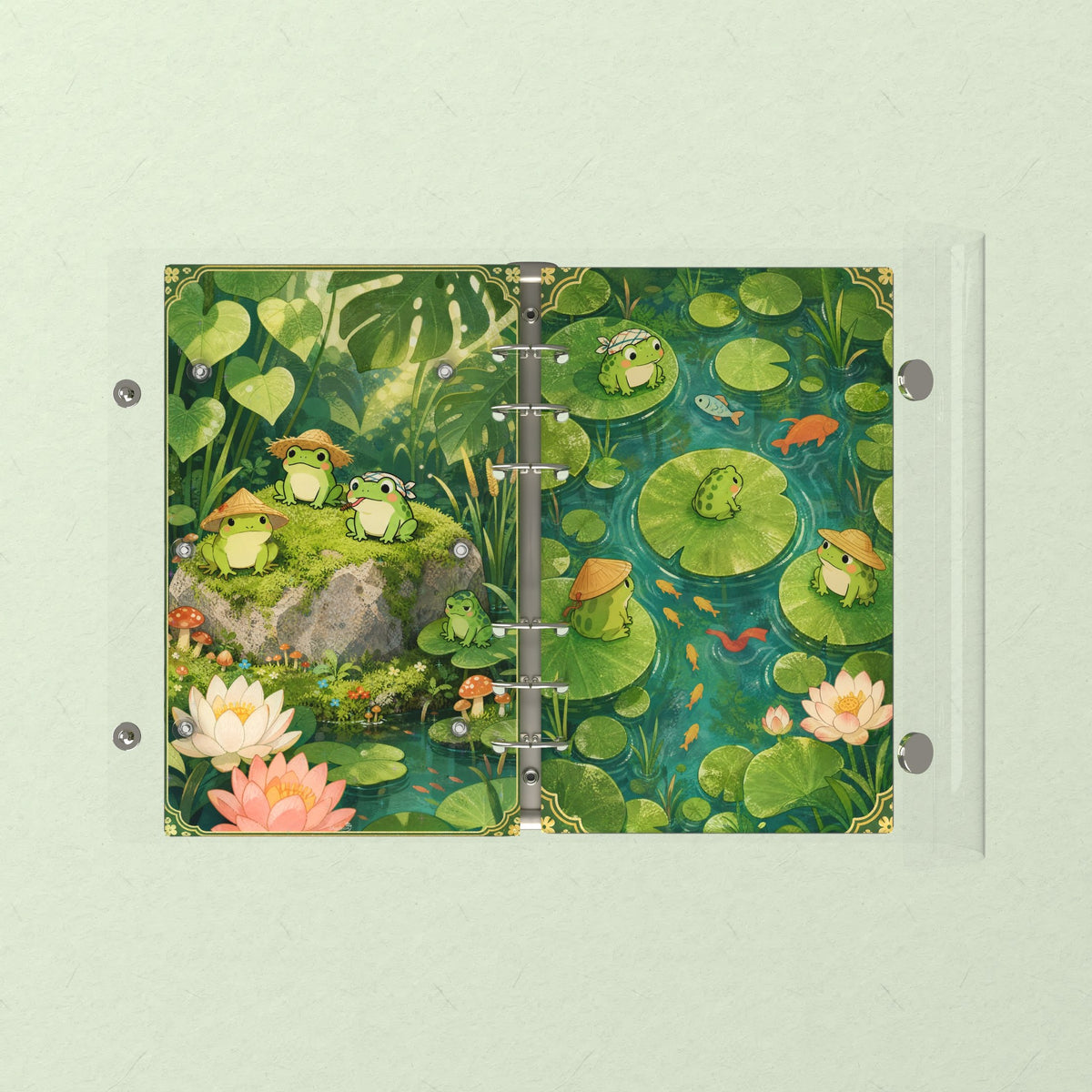 Opened flat: the inside of the front and back covers