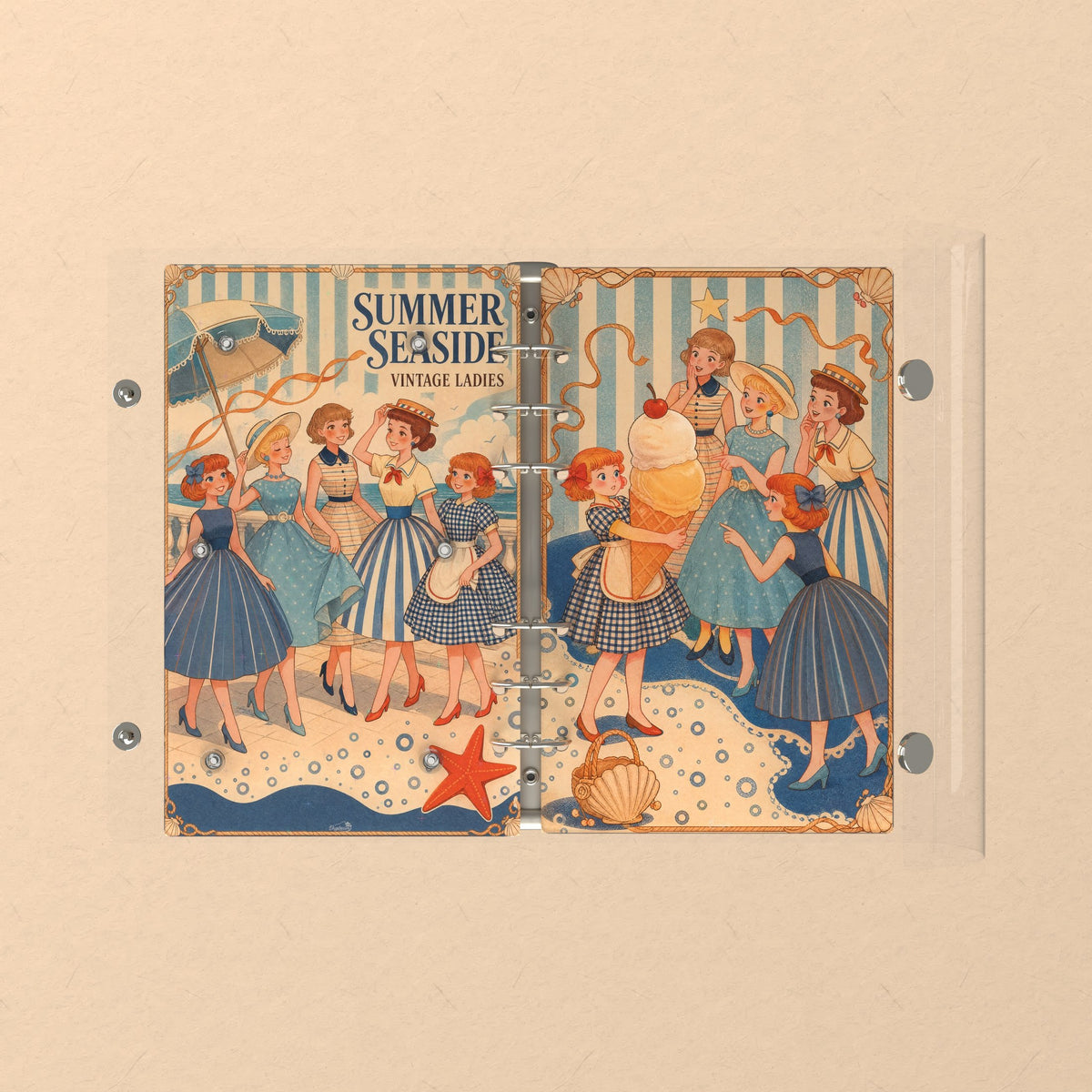 Opened flat: the inside of the front and back covers