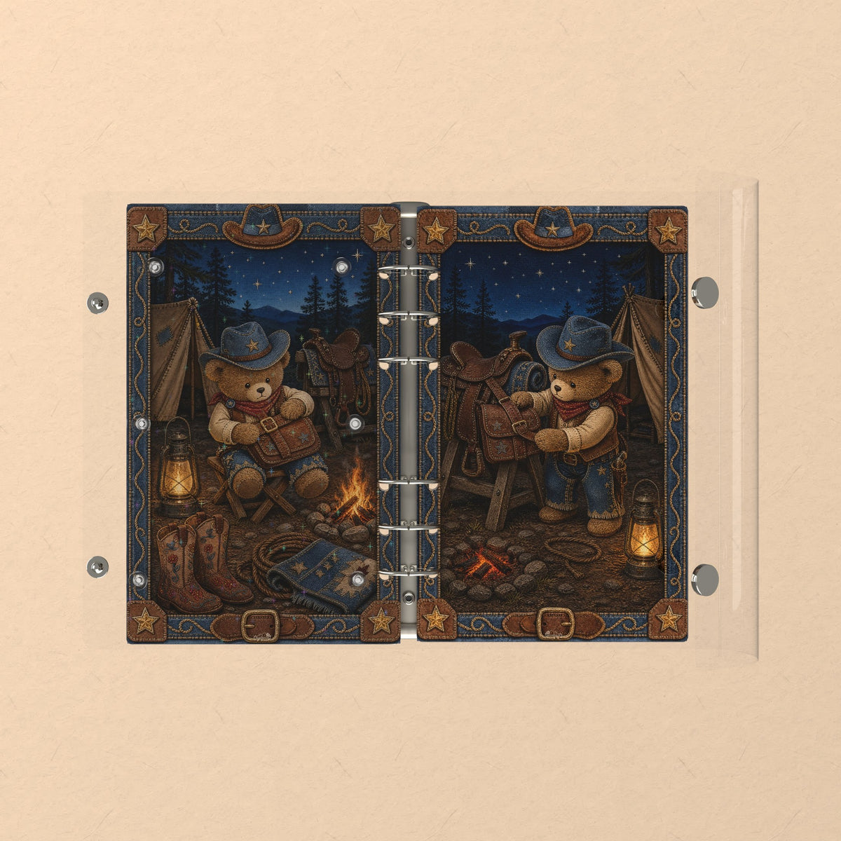 Opened flat: the inside of the front and back covers