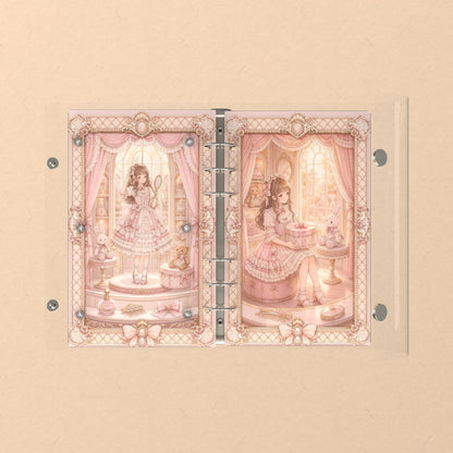 Opened flat: the inside of the front and back covers