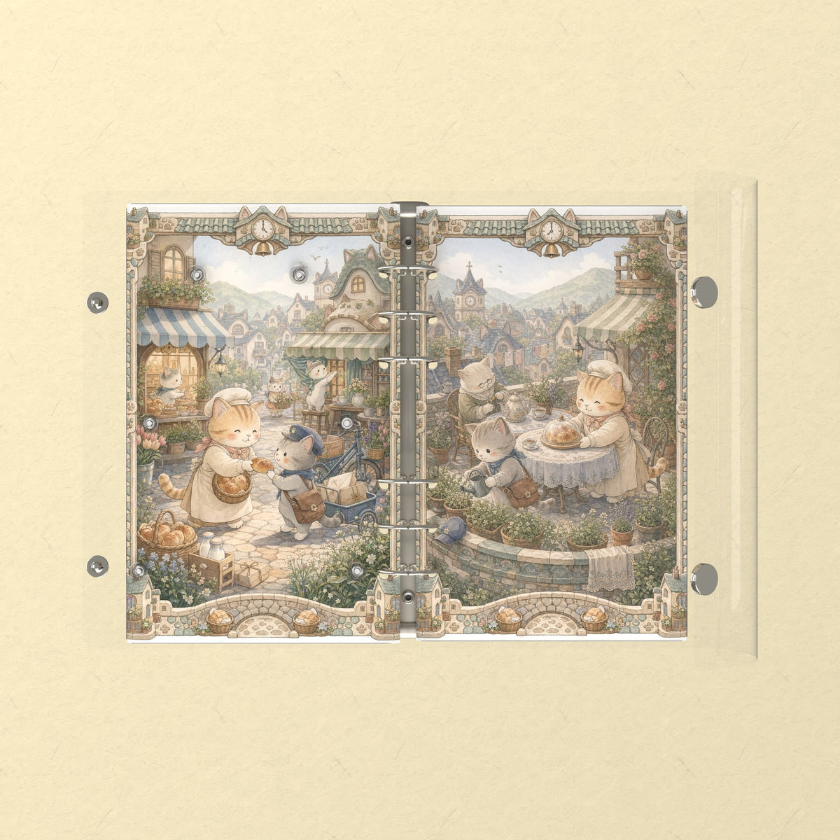 Opened flat: the inside of the front and back covers