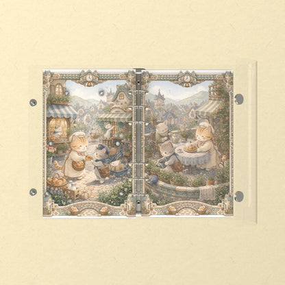 Opened flat: the inside of the front and back covers