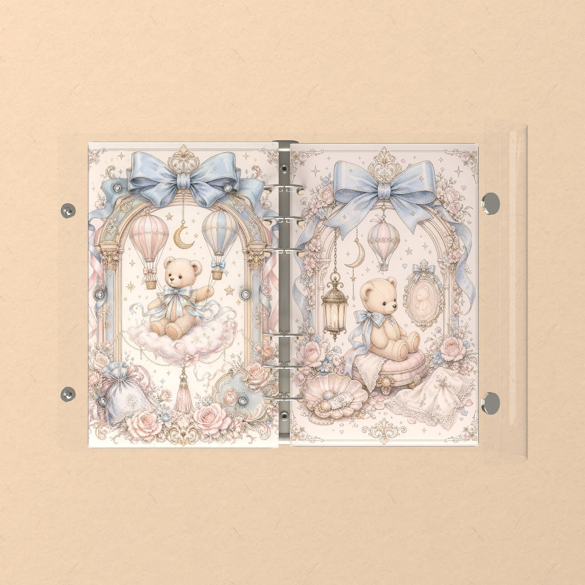 Opened flat: the inside of the front and back covers