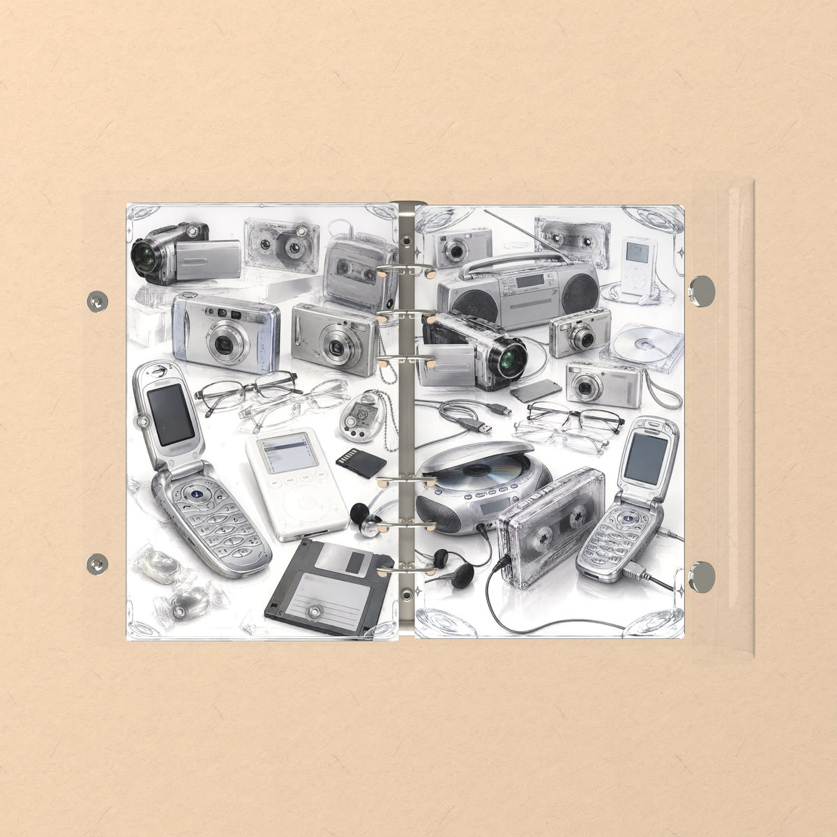 Opened flat: the inside of the front and back covers