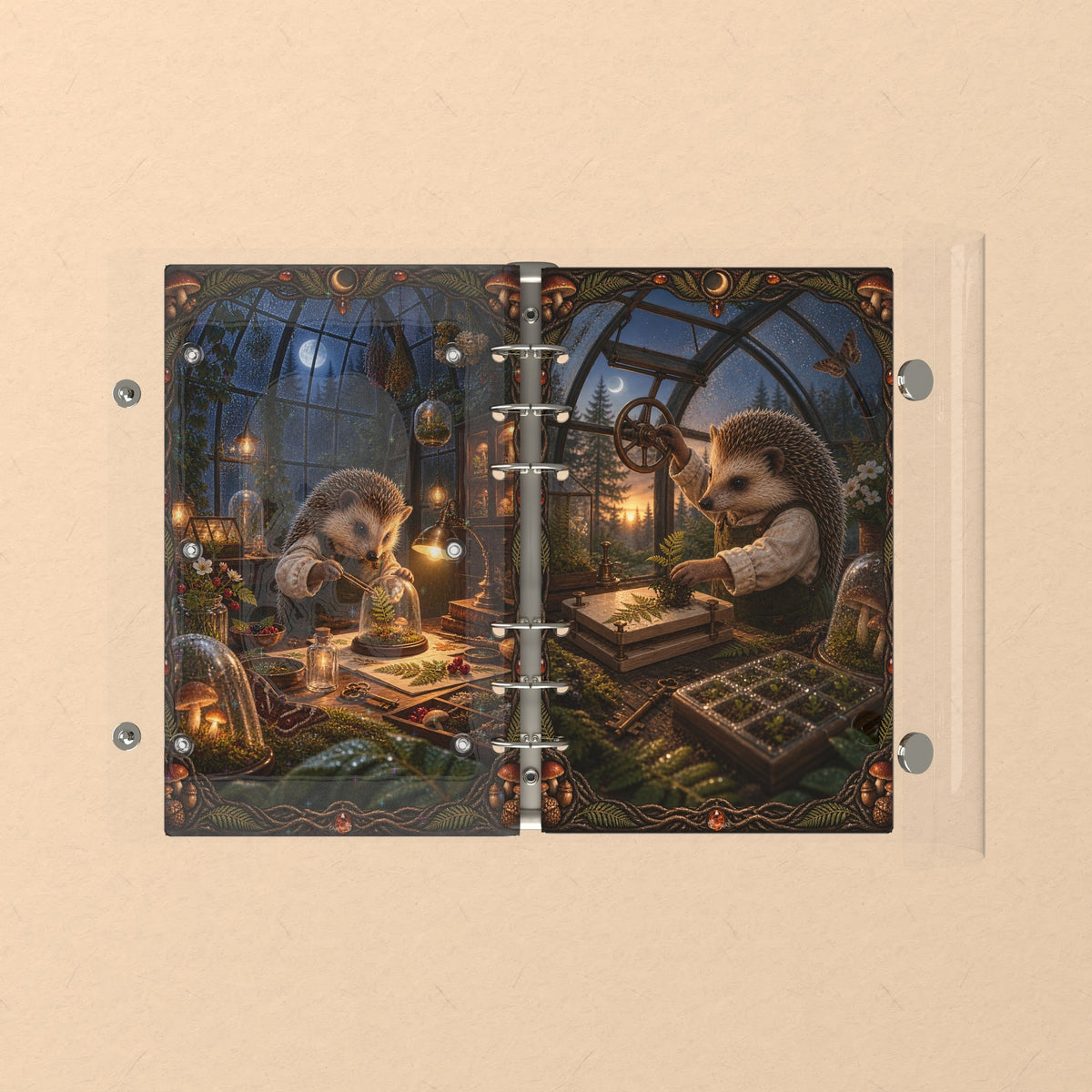 Opened flat: the inside of the front and back covers