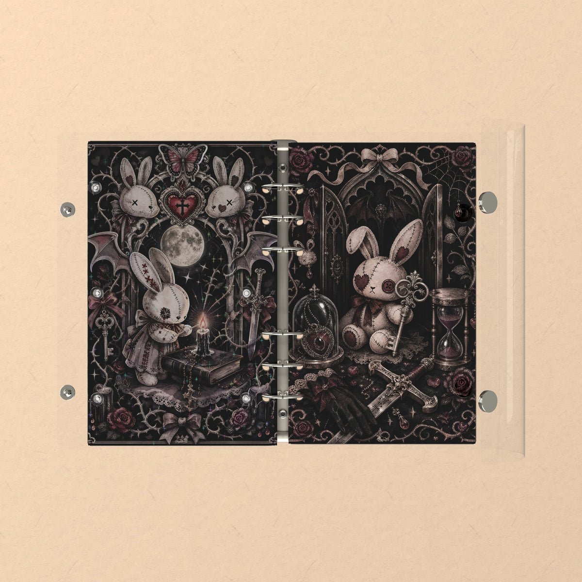 Opened flat: the inside of the front and back covers