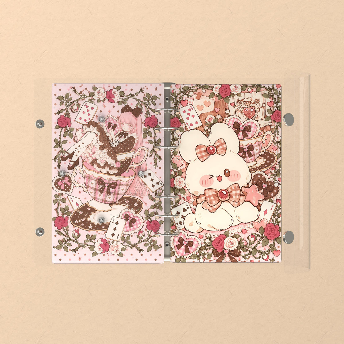 Opened flat: the inside of the front and back covers