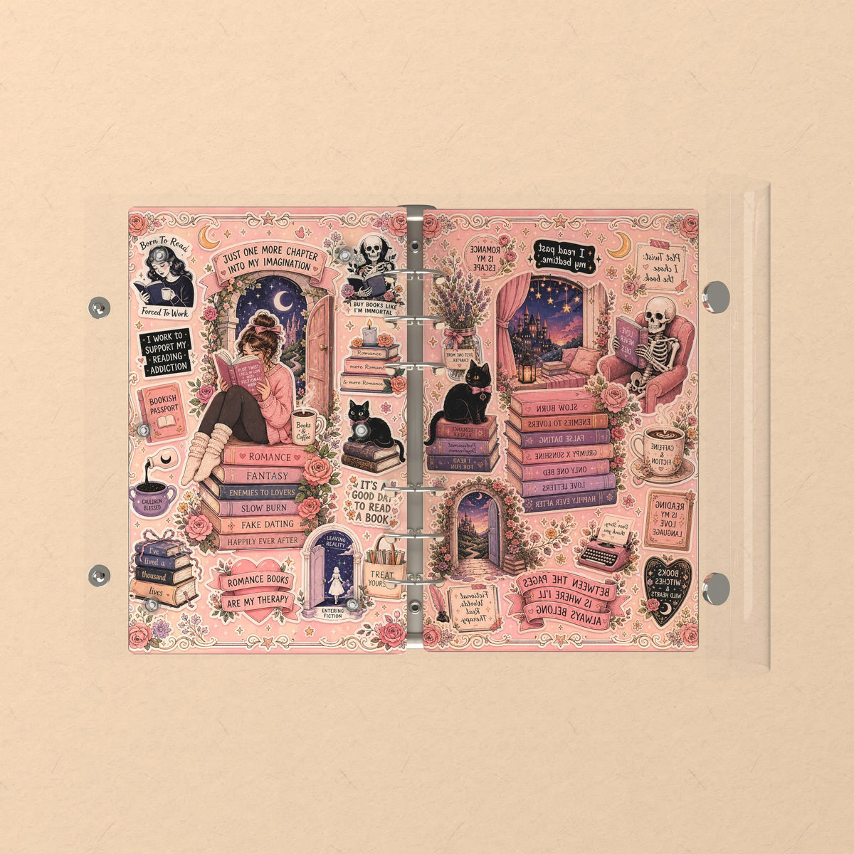 Opened flat: the inside of the front and back covers