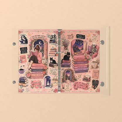 Opened flat: the inside of the front and back covers