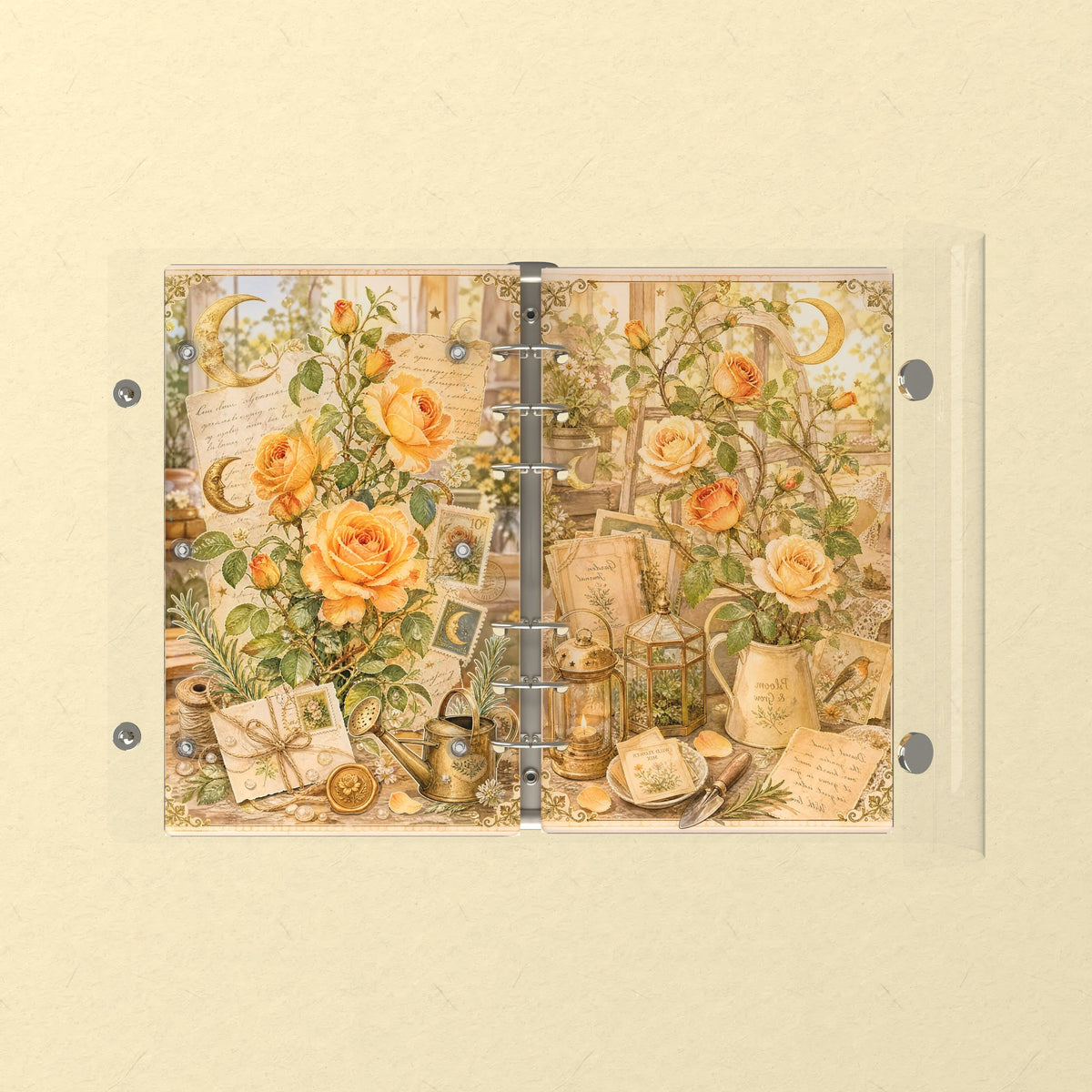Opened flat: the inside of the front and back covers