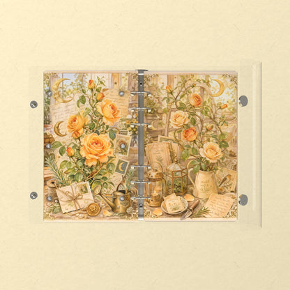 Opened flat: the inside of the front and back covers