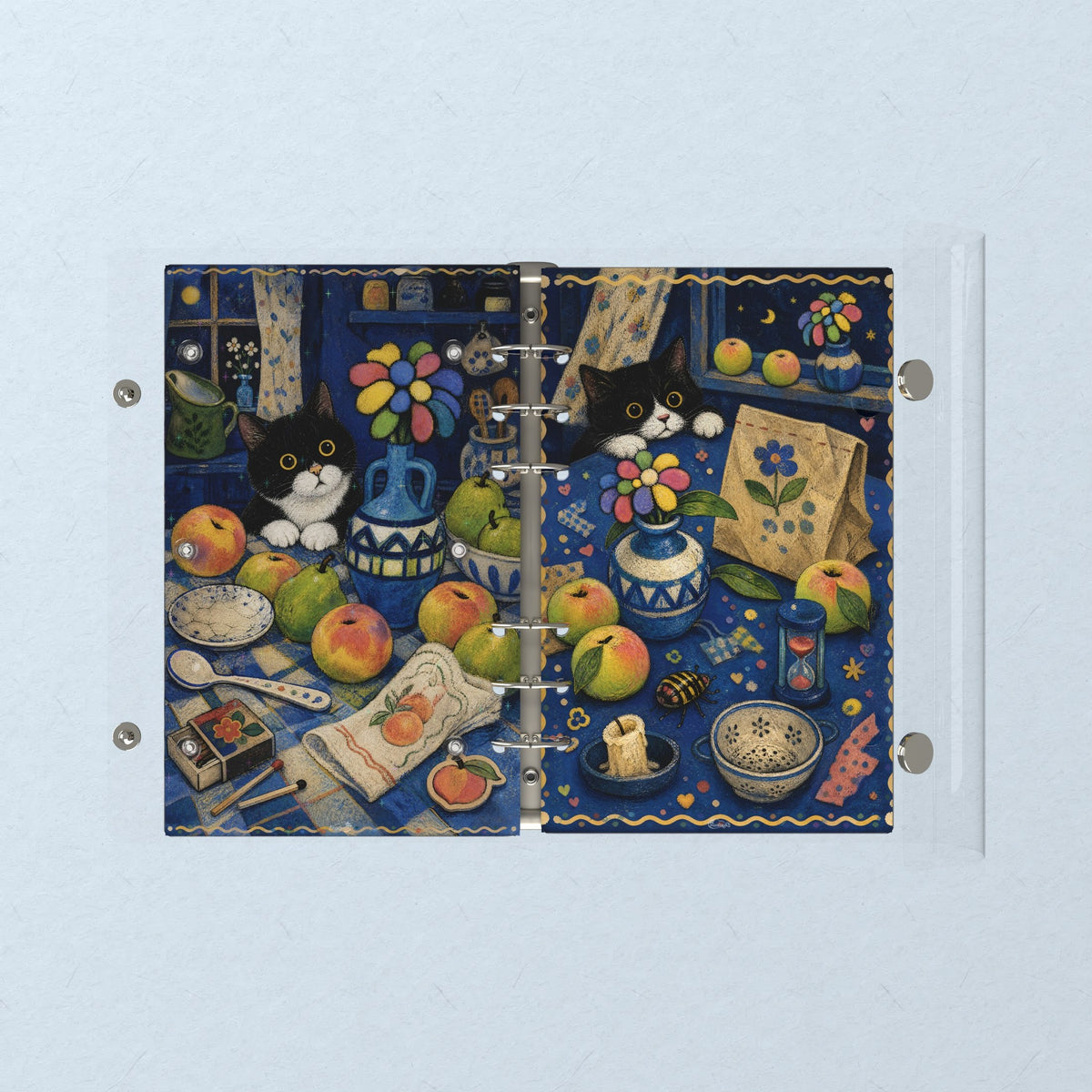 Opened flat: the inside of the front and back covers