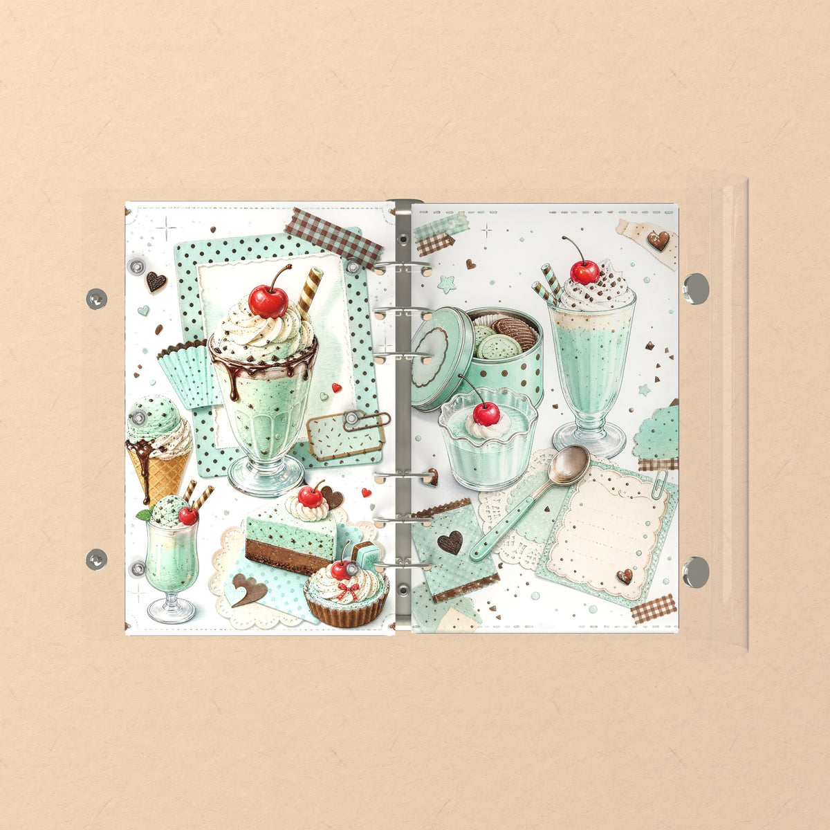 Opened flat: the inside of the front and back covers