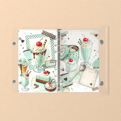 Opened flat: the inside of the front and back covers