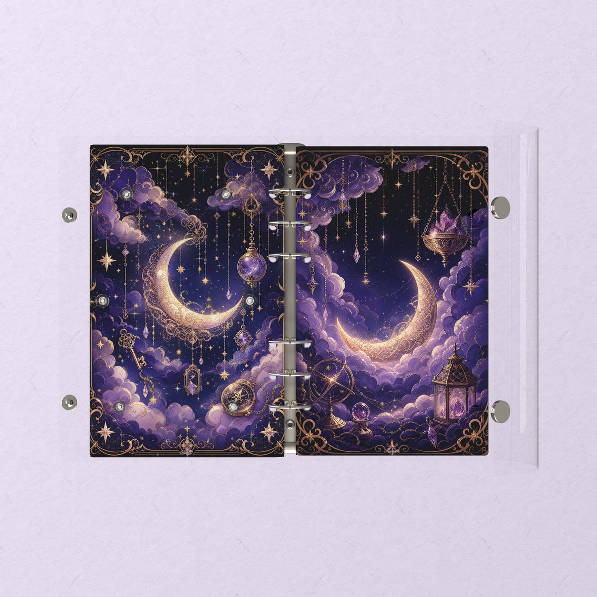 Opened flat: the inside of the front and back covers