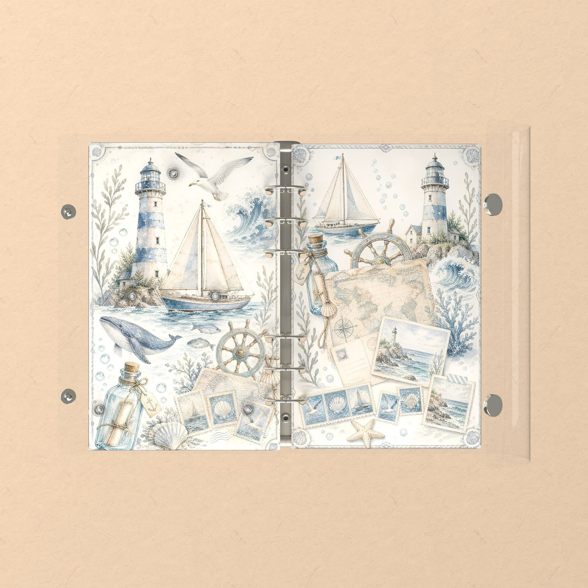 Opened flat: the inside of the front and back covers