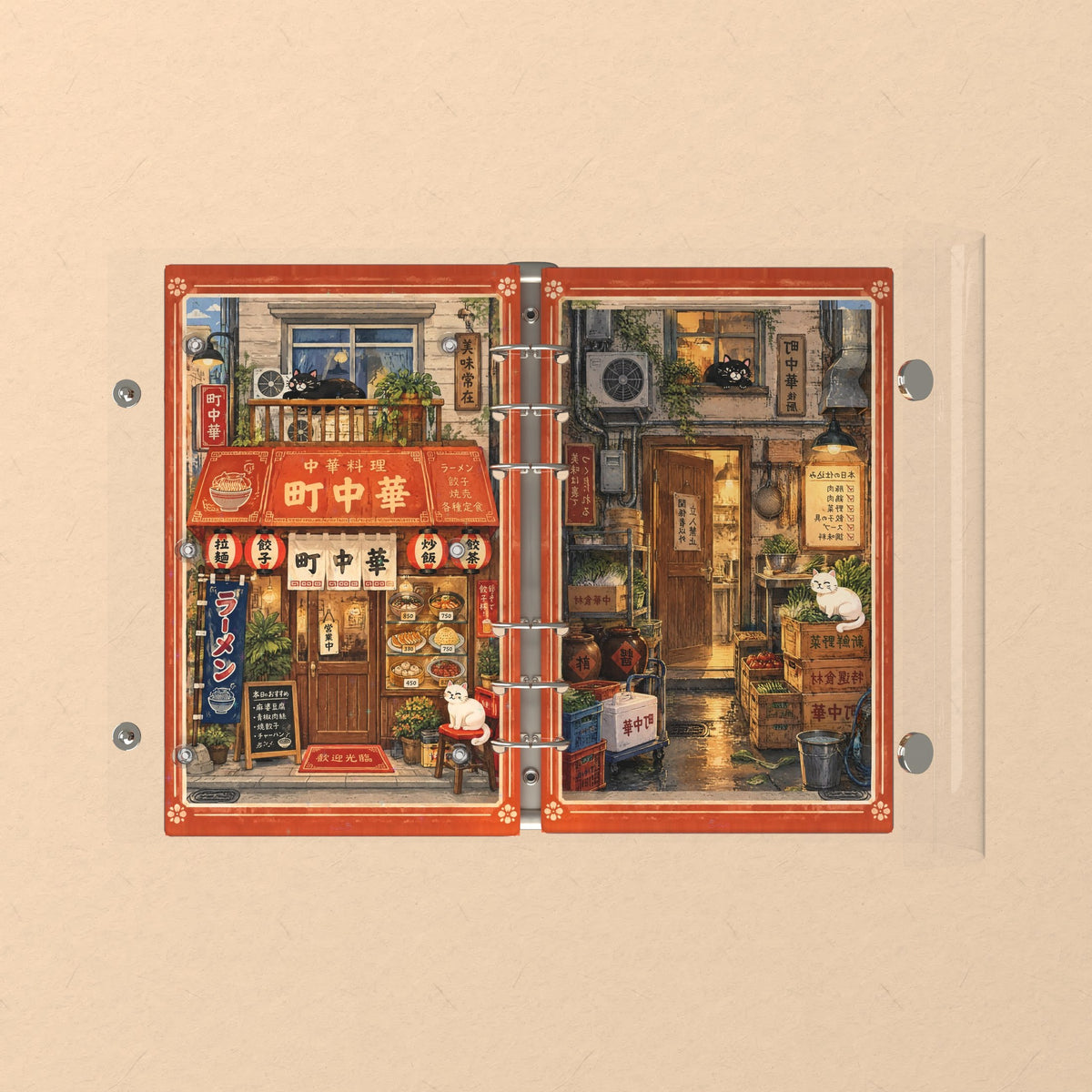 Opened flat: the inside of the front and back covers
