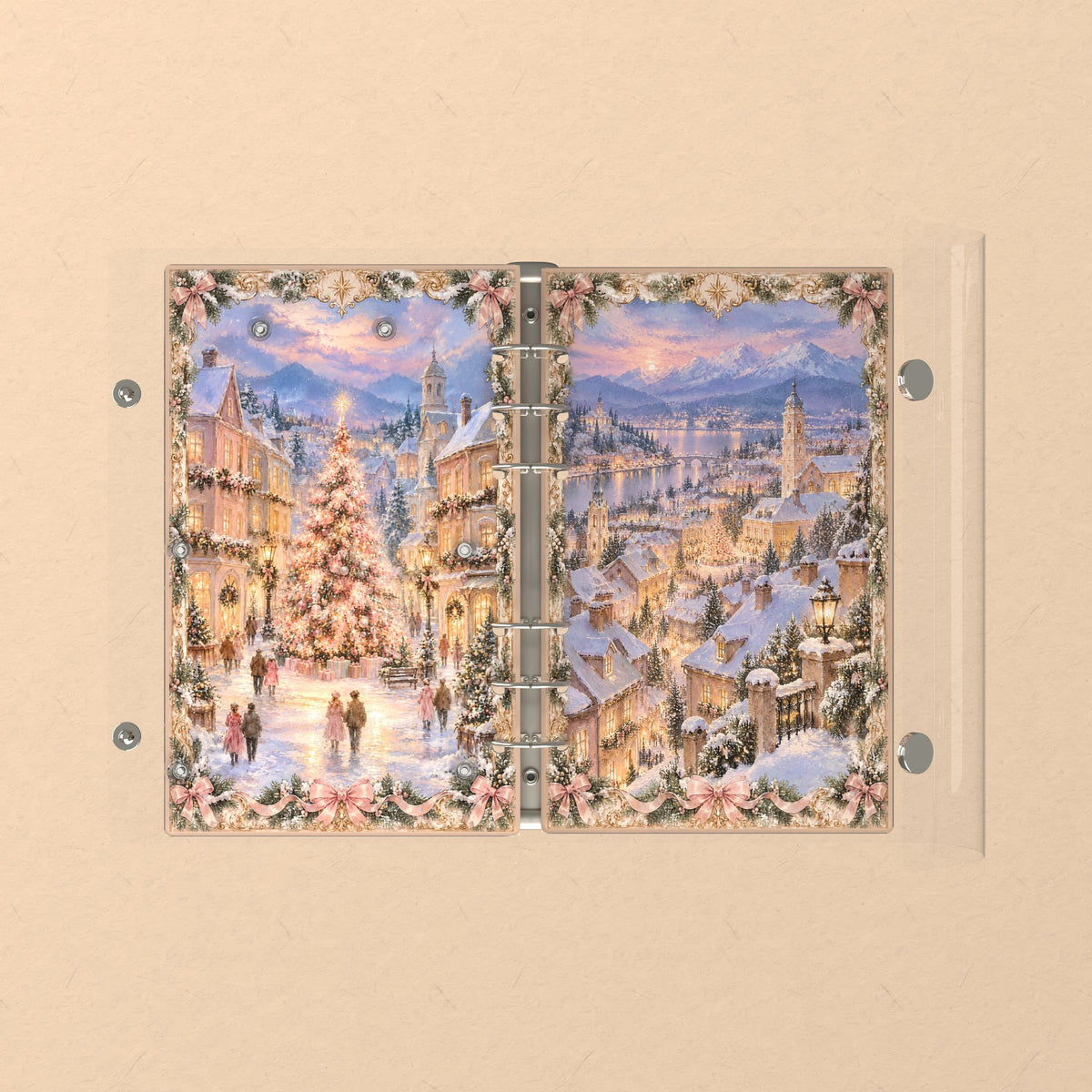 Opened flat: the inside of the front and back covers