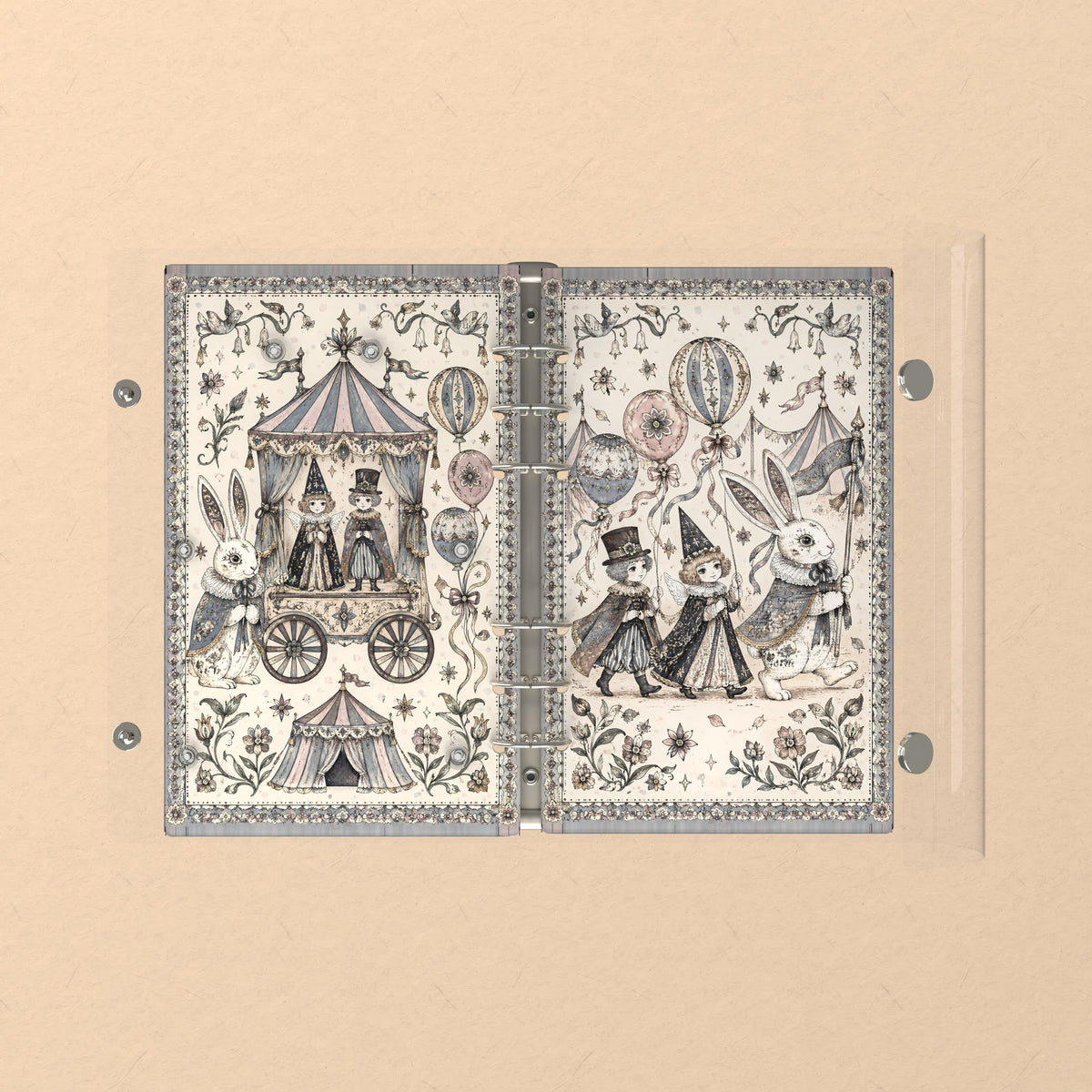 Opened flat: the inside of the front and back covers