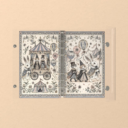 Opened flat: the inside of the front and back covers