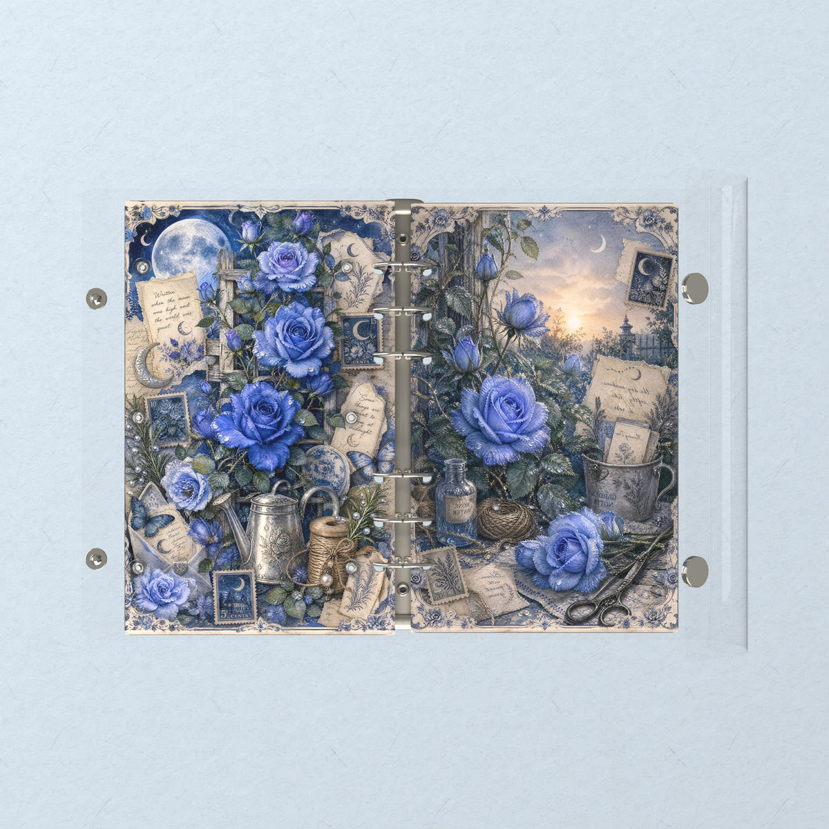 Opened flat: the inside of the front and back covers