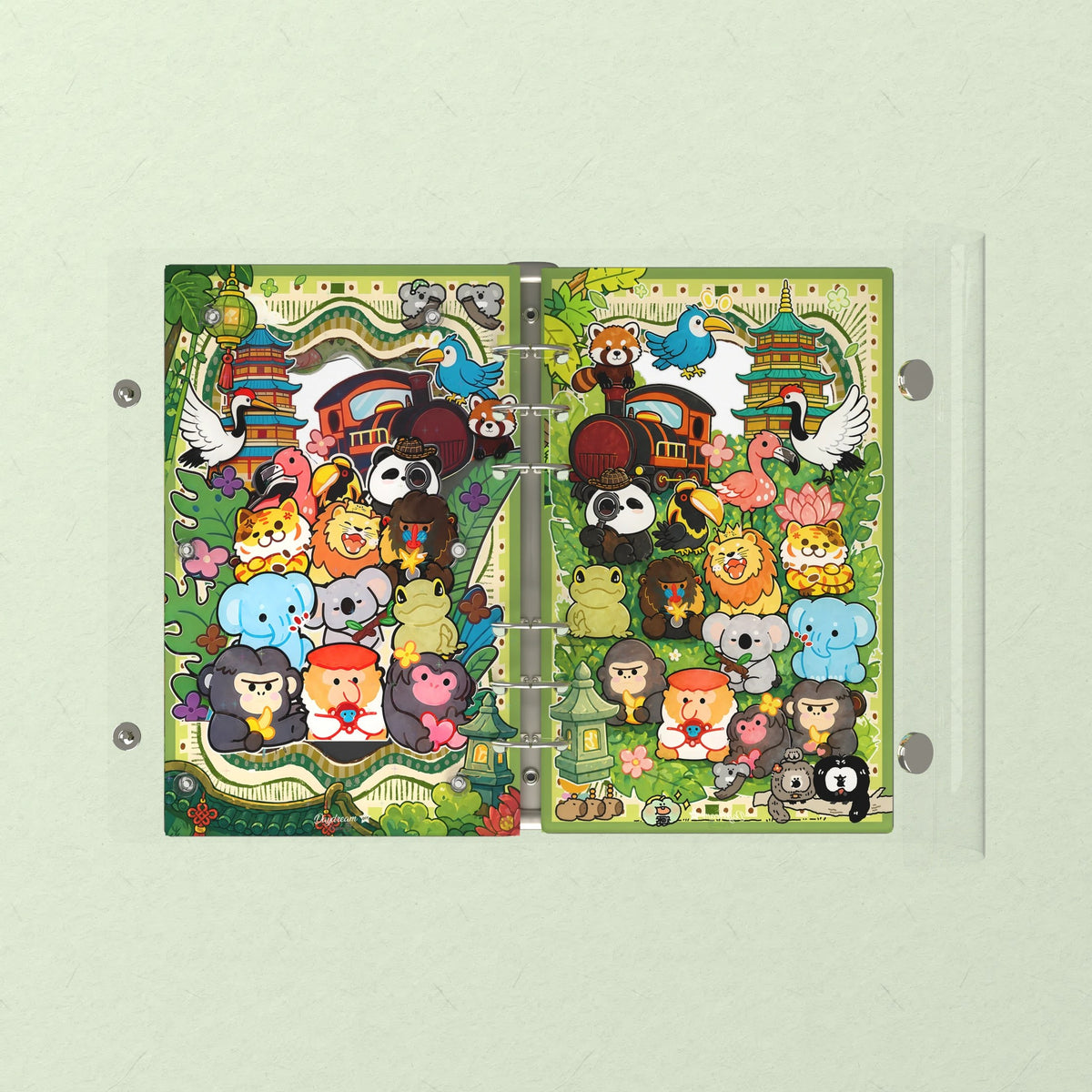 Opened flat: the inside of the front and back covers