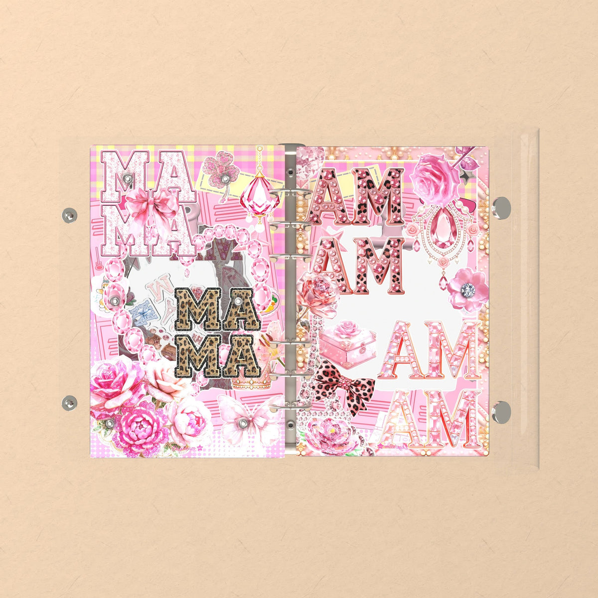 Opened flat: the inside of the front and back covers