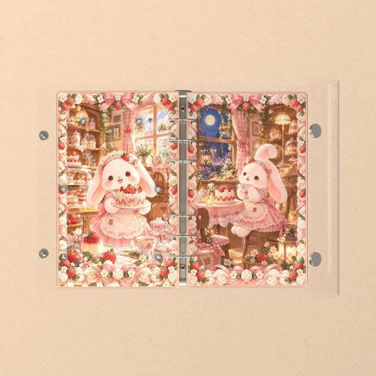Opened flat: the inside of the front and back covers