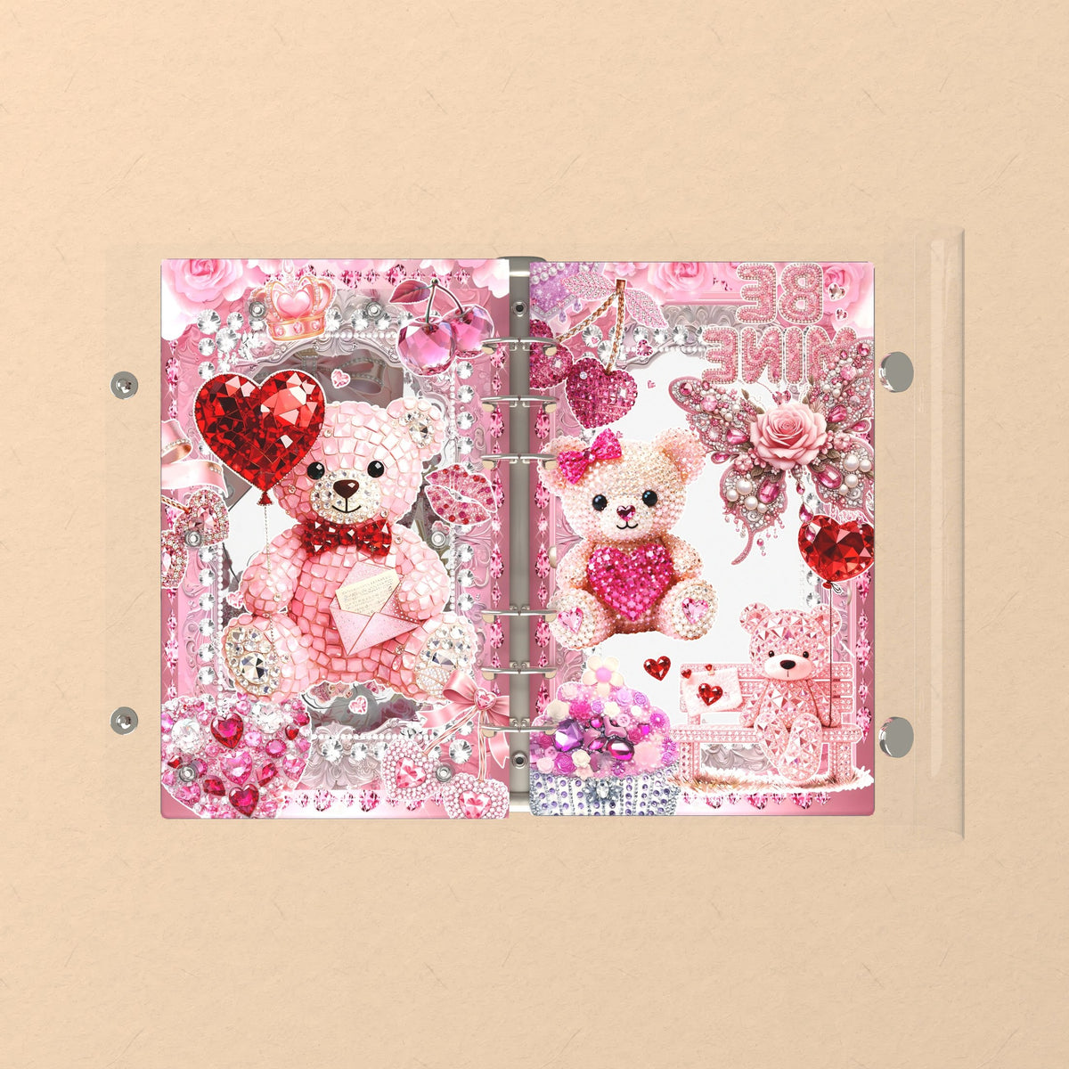 Opened flat: the inside of the front and back covers