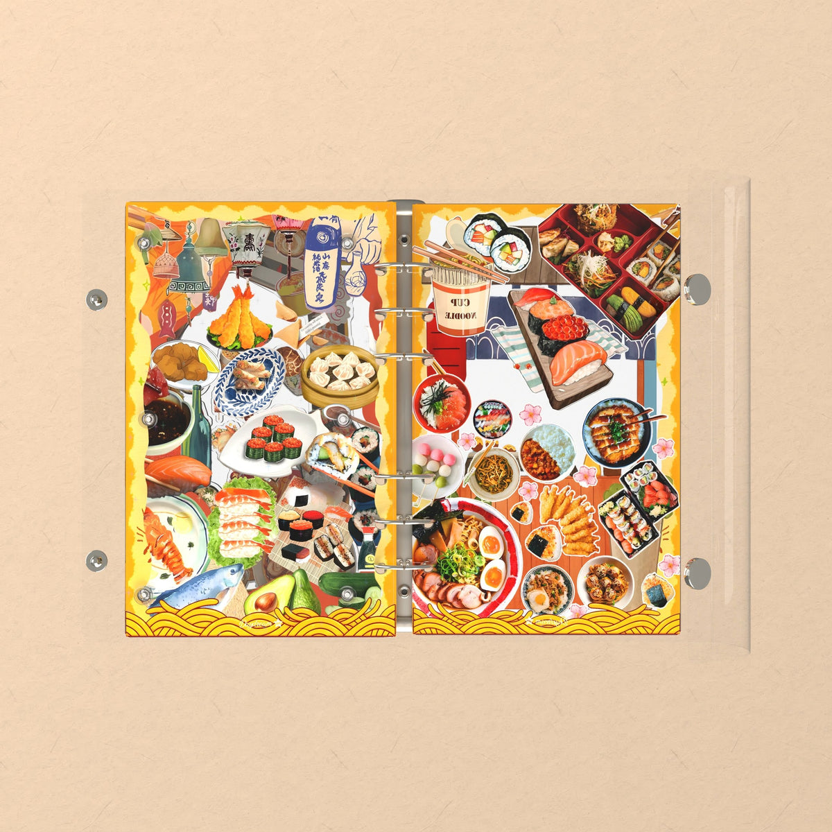Opened flat: the inside of the front and back covers