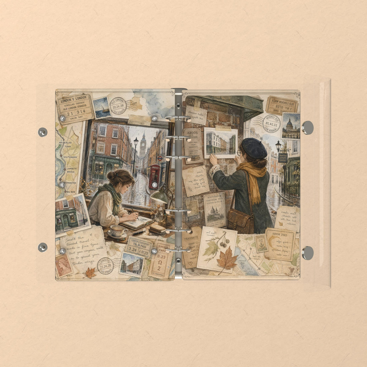 Opened flat: the inside of the front and back covers