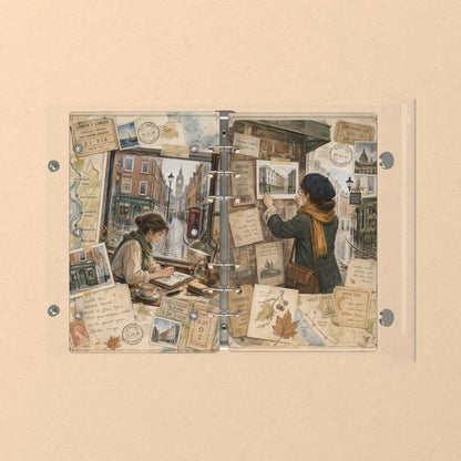 Opened flat: the inside of the front and back covers
