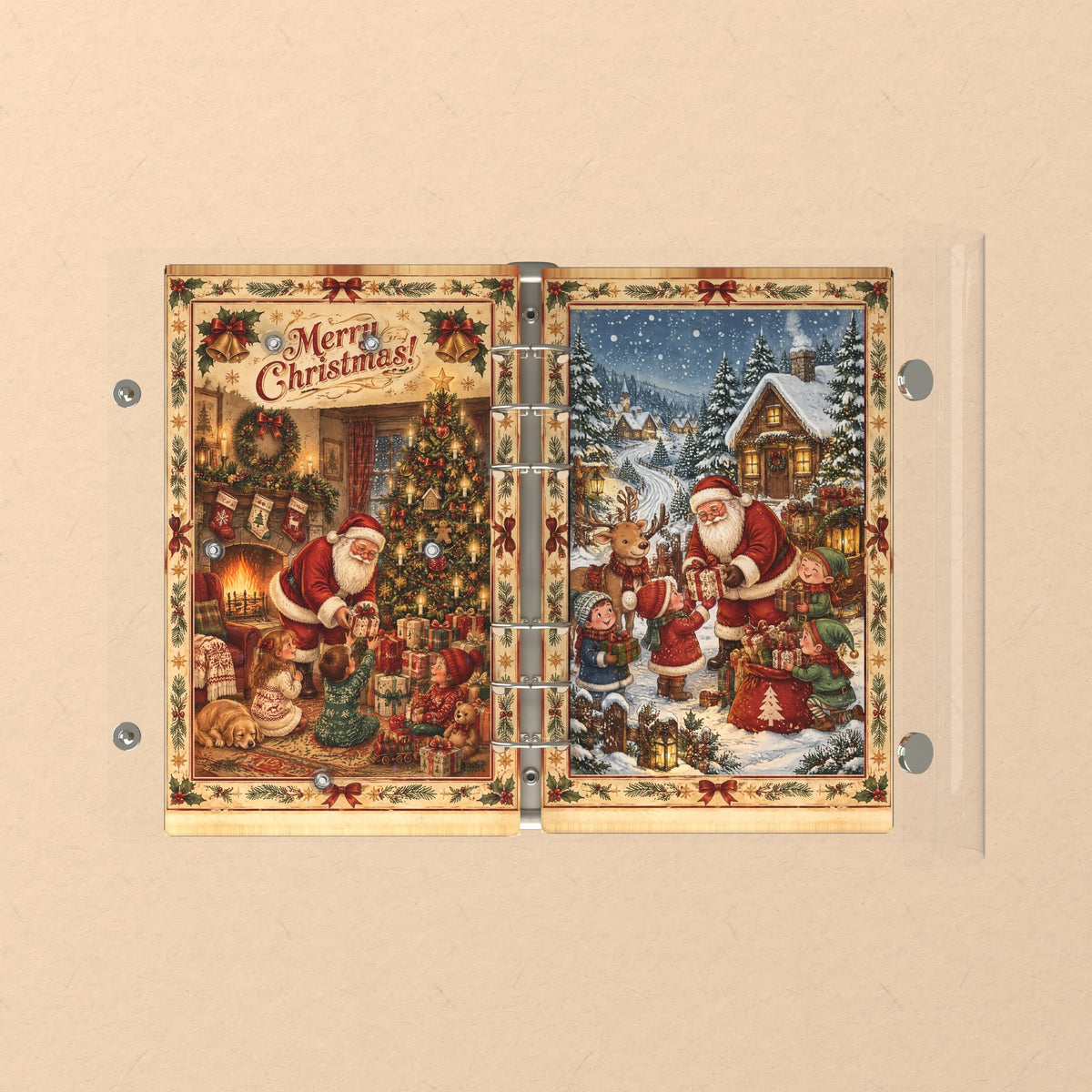 Opened flat: the inside of the front and back covers