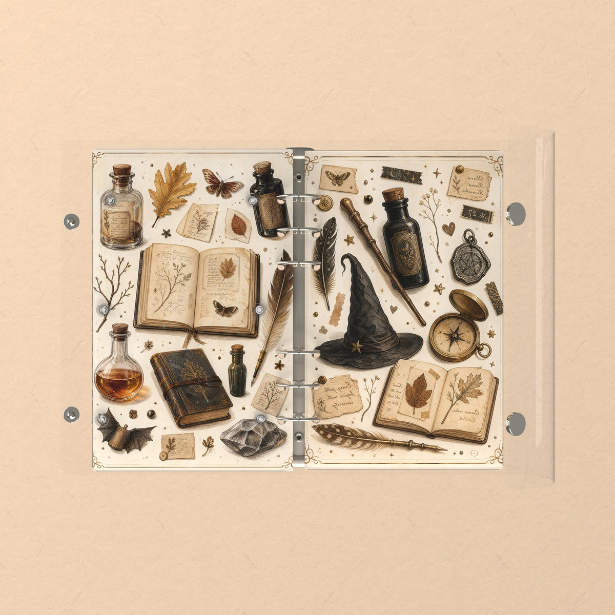 Opened flat: the inside of the front and back covers
