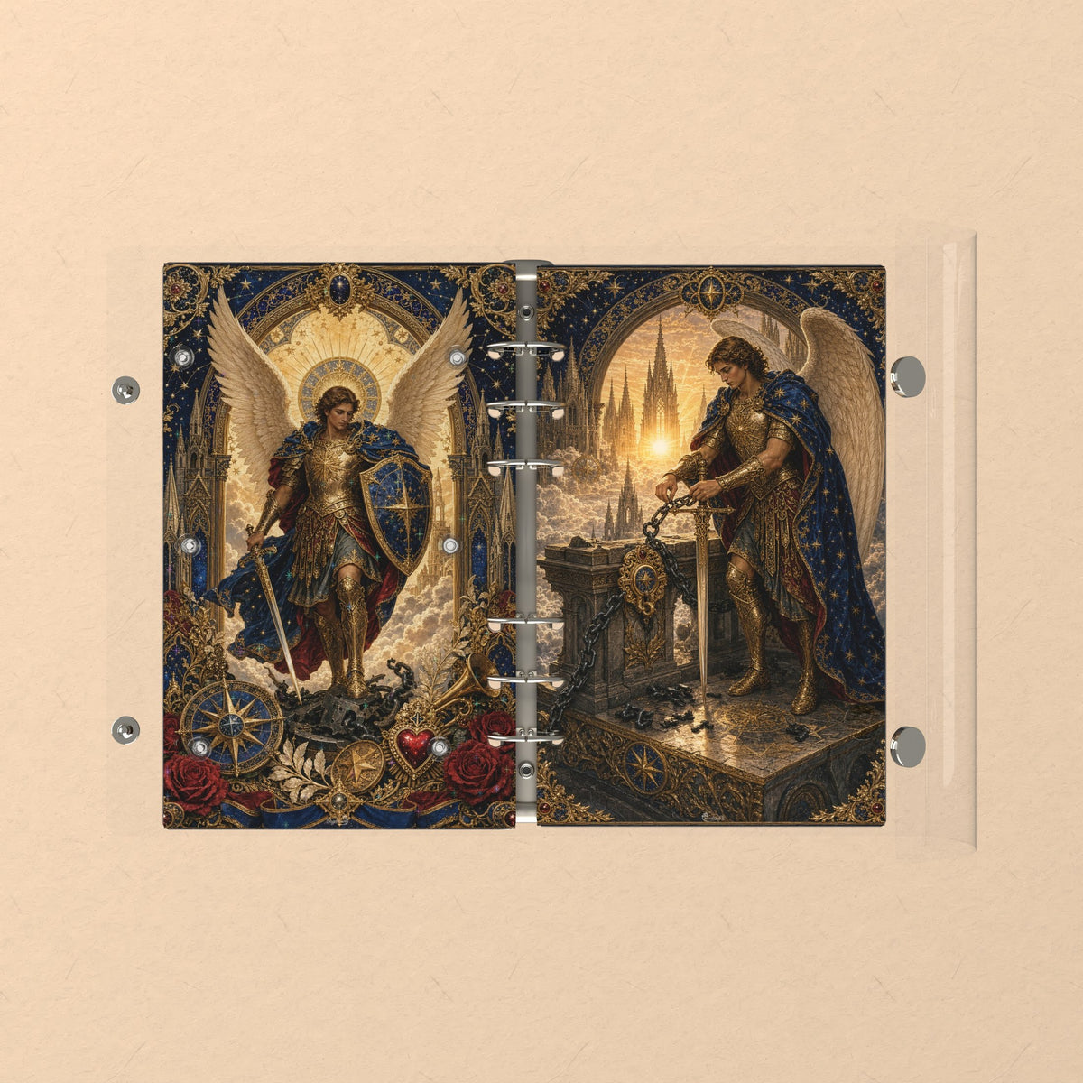 Opened flat: the inside of the front and back covers