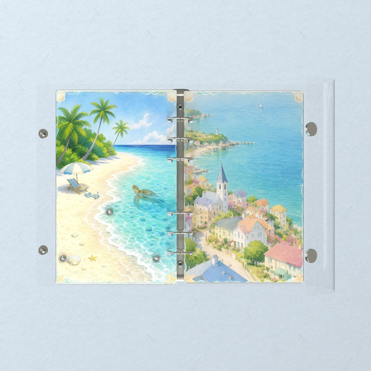 Opened flat: the inside of the front and back covers