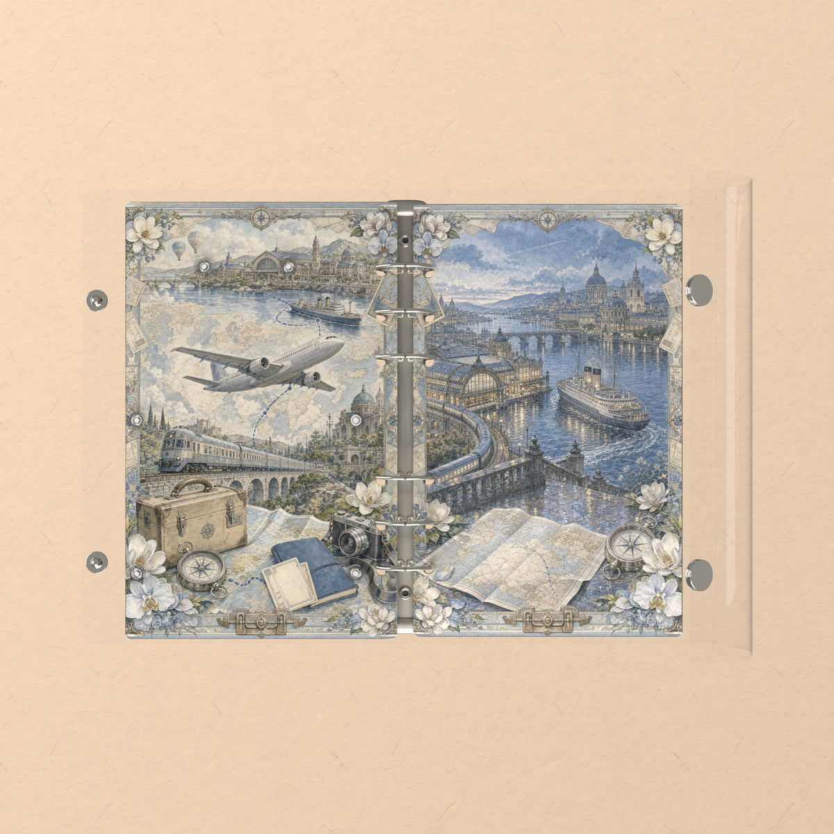Opened flat: the inside of the front and back covers