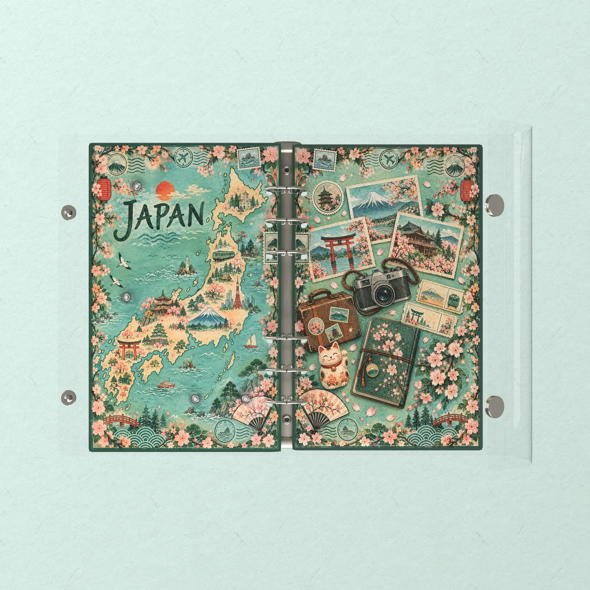 Opened flat: the inside of the front and back covers