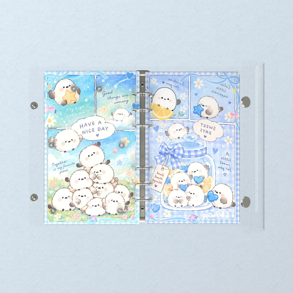 Opened flat: the inside of the front and back covers