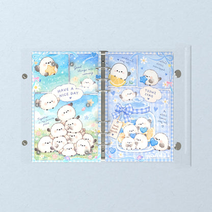 Opened flat: the inside of the front and back covers