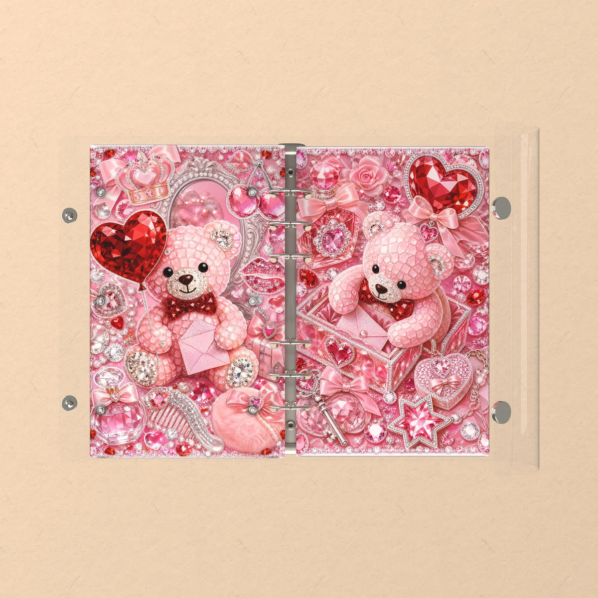 Opened flat: the inside of the front and back covers