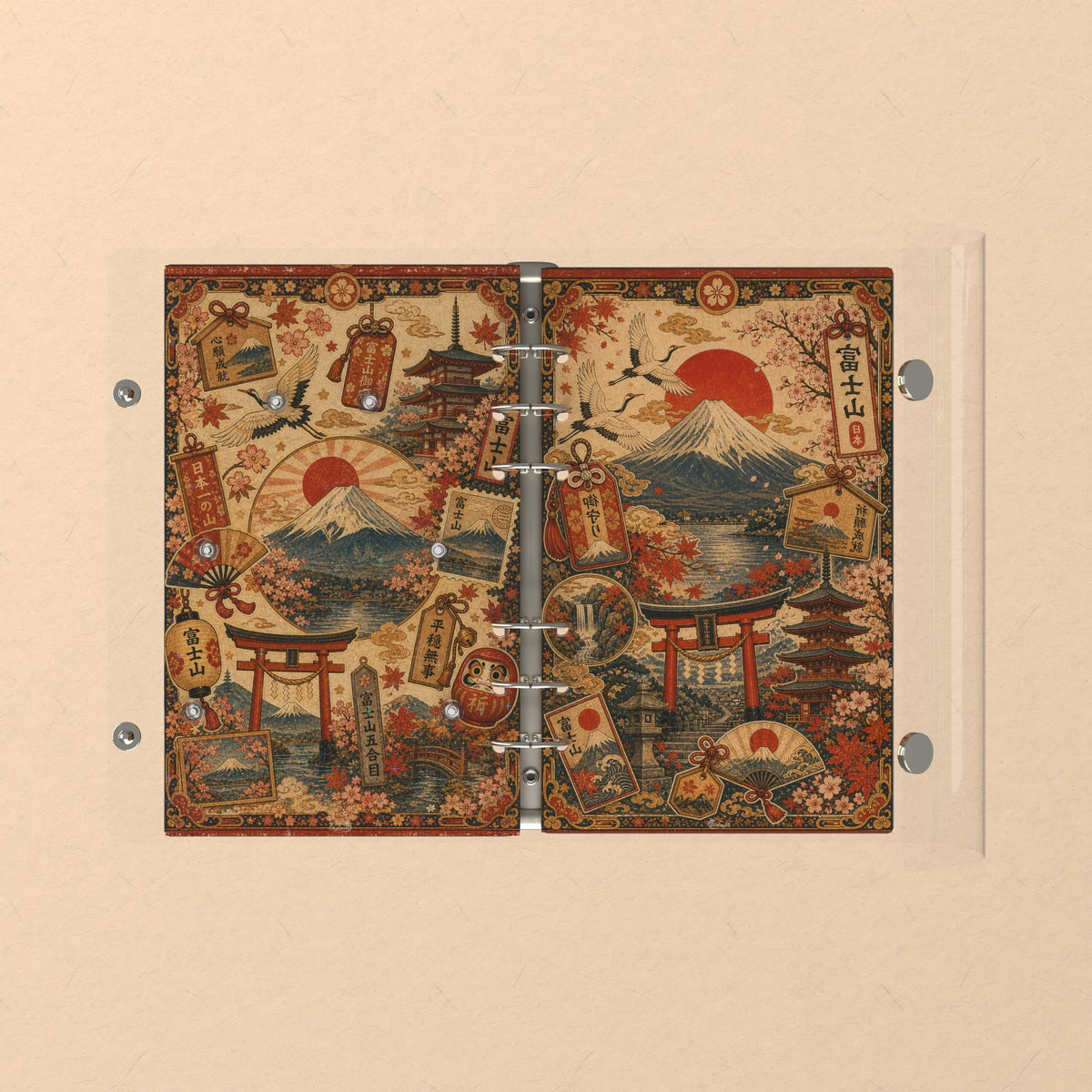 Opened flat: the inside of the front and back covers