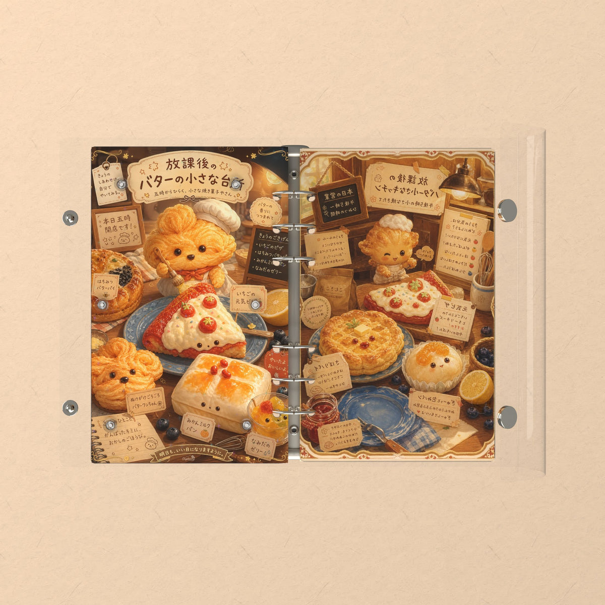 Opened flat: the inside of the front and back covers