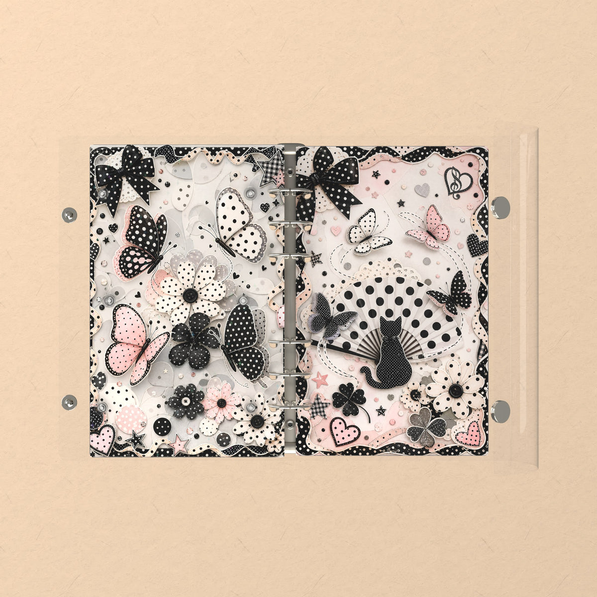 Opened flat: the inside of the front and back covers