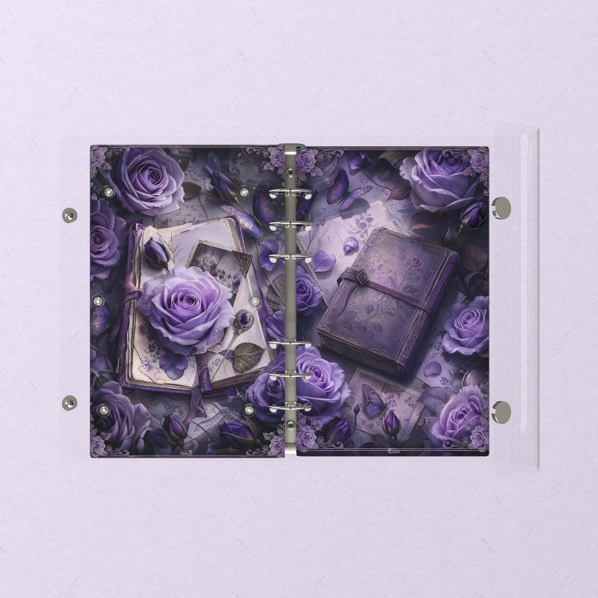 Opened flat: the inside of the front and back covers