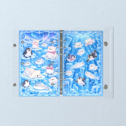 Opened flat: the inside of the front and back covers